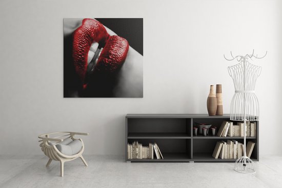 Canvas Schilderij - Rode Lippen - Vrouw - 100x100x2 cm