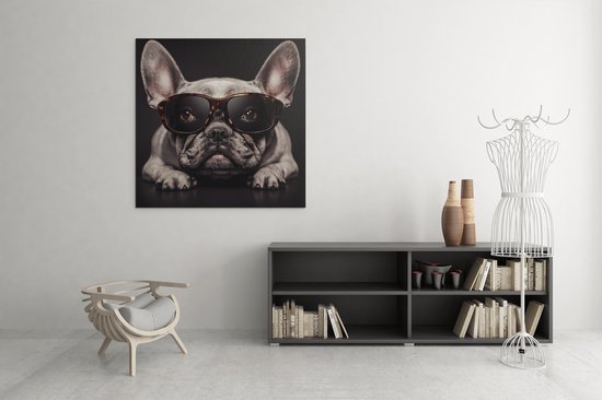 Canvas Schilderij - Dieren - Bulldog Met Bril - Vierkant - 100x100x2 cm