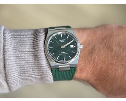 Solid link rubber watch strap Green for Tissot PRX 40mm - Solide schakel rubber horloge band met groen quick release trekker