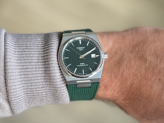 Bracelet de montre en caoutchouc à maillons Solid Vert pour Tissot PRX 40mm - Bracelet de montre en caoutchouc à maillons Solide avec gâchette à dégagement rapide verte