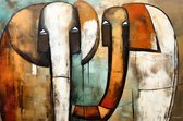 JJ-Art (Glas) 90x60 | Olifanten, abstract surrealisme, Picasso stijl, kunst | dier, olifant, Afrika, blauw, bruin, brons, wit, modern | Foto-schilderij-glasschilderij-acrylglas-acrylaat-wanddecoratie