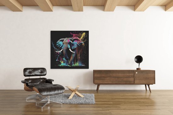 Canvas - Schilderij - Dieren - Olifant - Kleurrijk - 100x100x2 cm