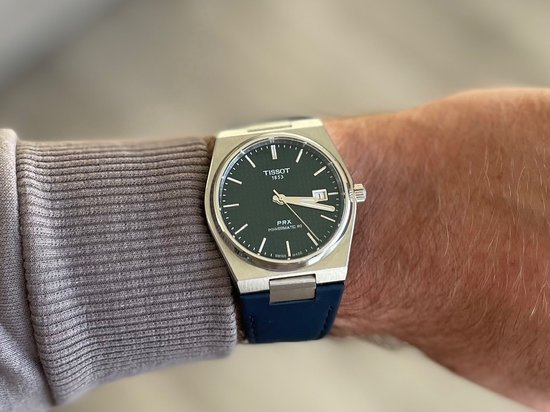 Solid link leather watch strap blue for Tissot PRX 40mm - Solide schakel leer horloge band blauw met quick release trekker