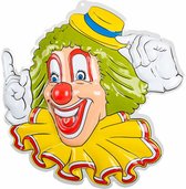Carnaval/party decoratie bord - Clown hoofd gele hoed - wand/muur versiering - 50 x 50 cm - plastic