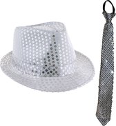 Toppers in concert - Carnaval verkleed setje - glitter hoedje en stropdas - zilver - volwassenen - met pailletten