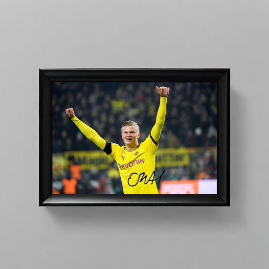 Erling Haaland Ingelijste Handtekening – 15 x 10cm In Klassiek Zwart Frame – Gedrukte handtekening – Borussia Dortmund - Voetbal Legend - Football - Manchester City