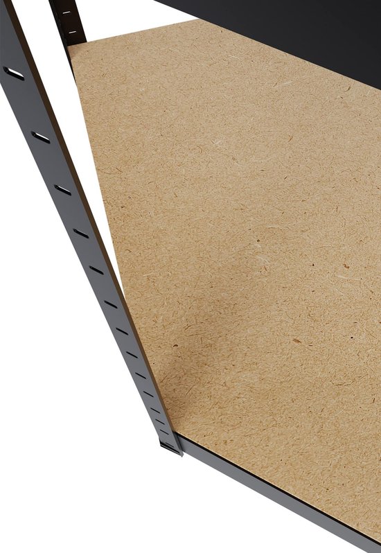 Detail van een zwart metalen rek met een bruin houten legbord.