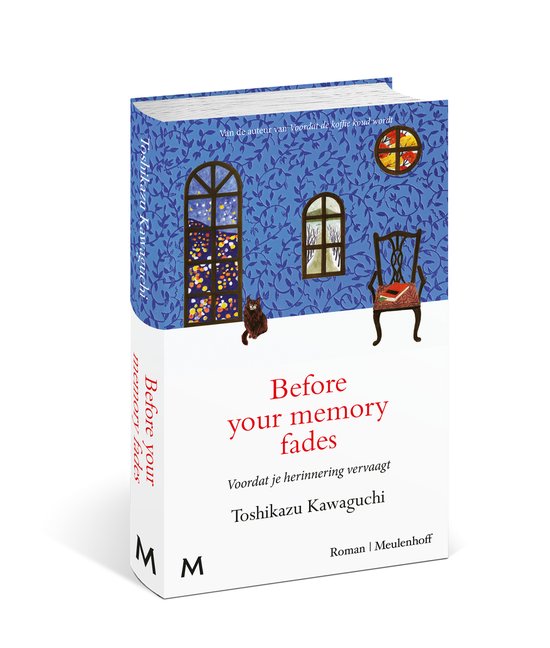 Boek met blauw decoratief behang en een bruine kat. Titel: Before your memory fades.