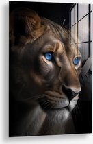 Wallfield™ - Gazing Lioness | Glasschilderij | Gehard glas | 80 x 120 cm | Magnetisch Ophangsysteem