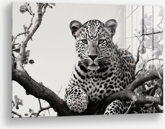 Wallfield™ - Jaguard dans l'arbre | Peinture sur verre | Verre trempé | 60 x 90 cm | Système de suspension magnétique