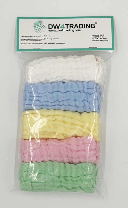 DW4Trading Baby Mousseline Washandjes - Vierkant 30x30 cm - Katoen - Set van 5 - Geel, Wit, Groen, Blauw, Roze van DW — afbeelding 5