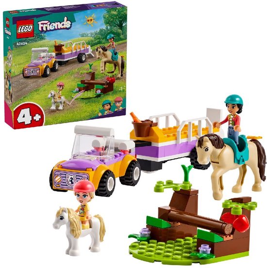 Voiture et remorque LEGO Friends violettes et jaunes, deux chevaux et trois figurines dans un cadre extérieur.
