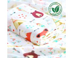 BoefieBoef XL Hydrofiele Doek 120x110cm - Zachte Bamboe Swaddle, Inbakerdoek, Mousseline Doek voor Baby's en Newborns 0 tot 12 maanden - Indianen Dieren - Dubbellaags, Ademend en Absorberend - Kerst en KraamCadeau - - Duurzaam - Babydeken - Vos