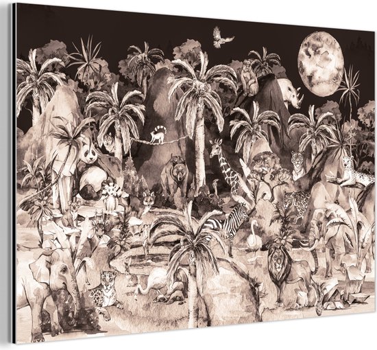 Wanddecoratie Metaal - Aluminium Schilderij Industrieel - Jungle - Dieren - Kinderen - Bomen - Planten - 90x60 cm - Dibond - Foto op aluminium - Industriële muurdecoratie - Voor de woonkamer/slaapkamer