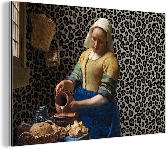 Wanddecoratie Metaal - Aluminium Schilderij Industrieel - Melkmeisje - Kunst - Panterprint - Vermeer - Schilderij - Oude meesters - 120x80 cm - Dibond - Foto op aluminium - Industriële muurdecoratie - Voor de woonkamer/slaapkamer