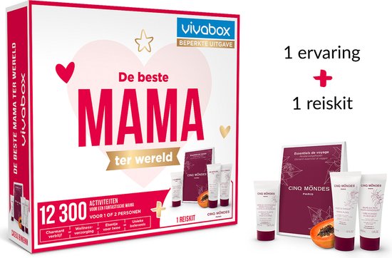 Coffret cadeau VIVABOX 'La meilleure maman du monde' avec trousse de voyage CINQ MONDES et bon cadeau.