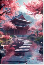 Tuinposter Japanse tuin - Tuindecoratie sakura - 120x180 cm - Poster voor in de tuin - Buiten decoratie kersenbloesem - Schutting tuinschilderij Japan - Tuindoek muurdecoratie - Wanddecoratie balkondoek