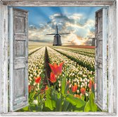 Tuinposter - Lente - Doorkijk - Bloemen - Molen - Tuin - Tuinschilderij - 200x200 cm - Tuindoek doorkijk