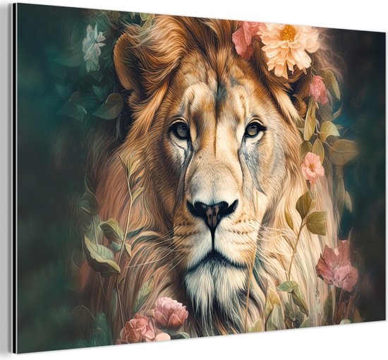 Une peinture d'une tête de lion majestueuse, entourée de fleurs rose pâle et pêche et de feuilles vertes.