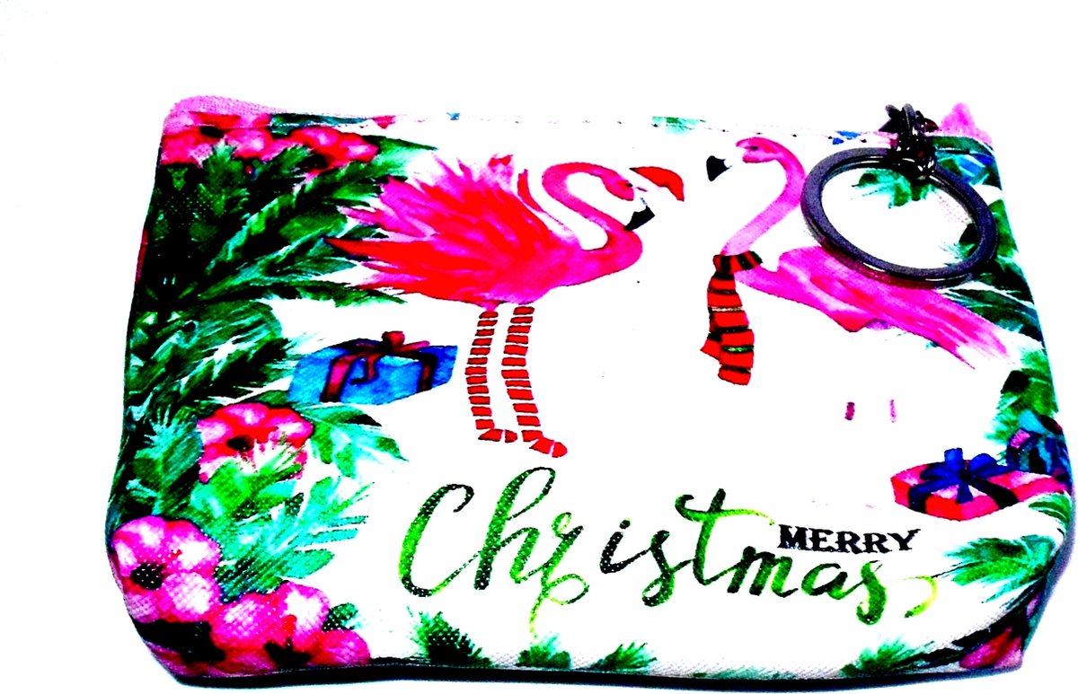 Toilettasje mini met flamingo-print merry christmas lengte 13 cm breedte 10 cm