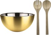 Salade schaal met sla couvert - RVS/bamboe - goud - serveerschaal - D23 x H11 cm
