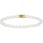 My Bendel - Armband goudkleurig met ovale witte parels - Goudkleurige elastische armband met ovale witte parels - Met luxe cadeauverpakking