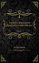 Boekomslag van 'Twintigduizend mijlen onder zee' van Jules Verne, met een zwart patroon en gouden versieringen.