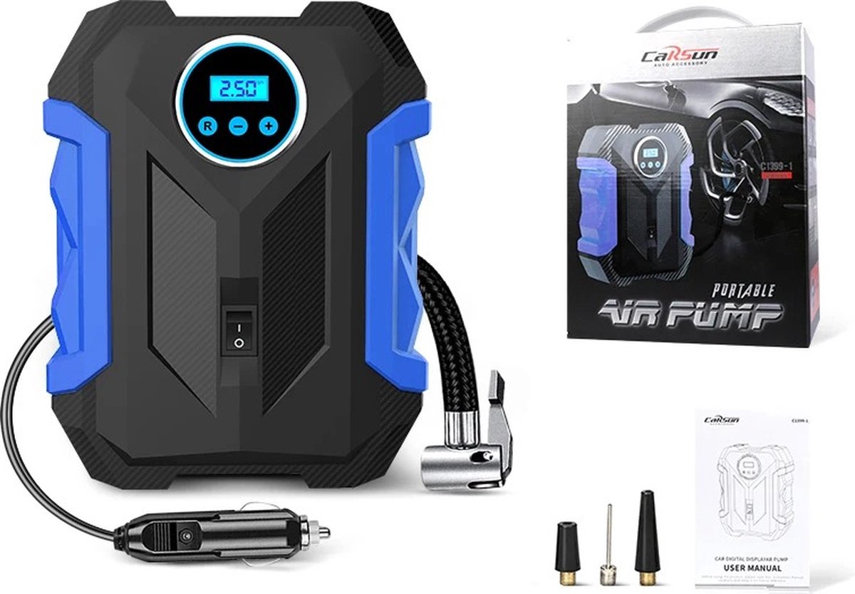 Draagbare luchtcompressor Elektrische fietspomp Elektrische Ballenpomp Elektrische Bandenpomp Elektrische Bandeninflator Mini Compressor Met Drukmeter 3 Opzetstukken Led Lamp 12 V 10 3 BAR Blauw