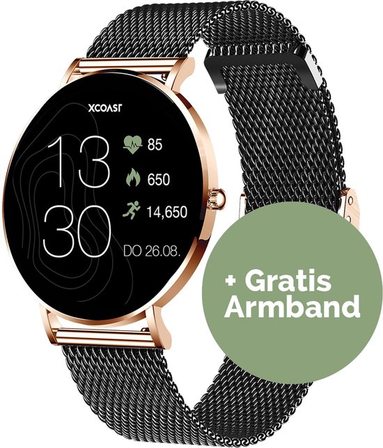 XCOAST Design Dames / Heren - Smartwatch - SIONA 2 - Diamant zwart + extra armband - Metalen armbanden