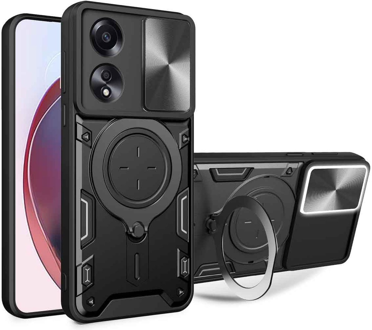 Geschikt voor Samsung Galaxy S24 Ultra 5G - Schokbestendig - Ringhouder en Camera Uitschuiving Hoesje - Zwart