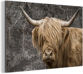 Wanddecoratie Metaal - Aluminium Schilderij Industrieel - Schotse hooglander - Wereldkaart - Dieren - 90x60 cm - Dibond - Foto op aluminium - Industriële muurdecoratie - Voor de woonkamer/slaapkamer