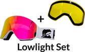 Luxe Magnetische Snowboardbril / Skibril SET - Roze Lens & Lowlight Lens (Slecht weer-lens) Wit Frame + Beschermcase & Microfiber hoes - PolarShred - Anti fog - Cat.3 - 100% UV Bescherming - VLT 16%