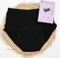 Sous-vêtement menstruel noir taille haute 'Madelief' avec des informations sur la capacité d'absorption.