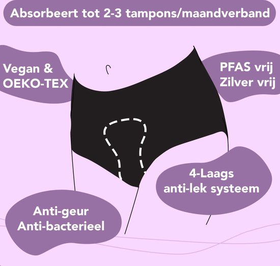 Diagramme de sous-vêtements menstruels avec informations sur l'absorption, végétalien, sans PFAS et anti-fuite.