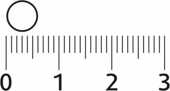 Een witte cirkel boven een schaalverdeling van 0 tot 3 centimeter.