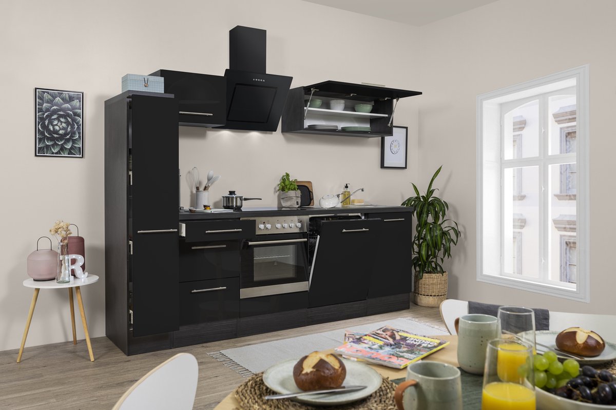 complete keuken met apparatuur Amanda-Goedkope keuken 250 cm-Eiken/Grijs - soft close - keramische kookplaat - vaatwasser - afzuigkap - oven - spoelbak