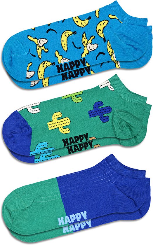 Happy Socks 3P sneakersokken banana blauw