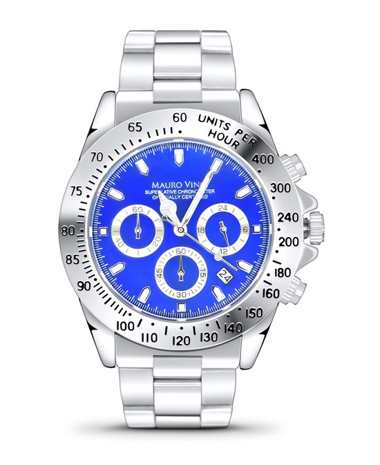 Horloge staal heren chronograaf - Horloge met stalen band - Blauwe wijzerplaat met lichtgevende wijzers - Mauro Vinci Activa line
