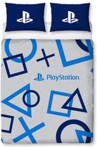 2-persoons jongens dekbedovertrek (dekbed hoes) "Playstation 2" grijs (lichtgrijs) met officieel blauw logo (spelcomputer / computerspel / gamer) en extra grote controller knoppen tweepersoons 200 x 200 cm (kinderkamer / tiener slaapkamer)