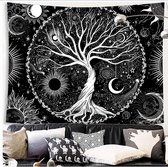 Levensboom wandtapijt, zon, maan, wandtapijt, zwart, wanddoek, wanddecoratie, wandtapijt voor slaapkamer, woonkamer, slaapzaal (130 x 150 cm)