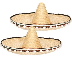 Mexicaanse sombrero hoed - 2x stuks - 60 cm - stro - volwassenen - verkleed hoeden - Carnaval verkleedhoeden