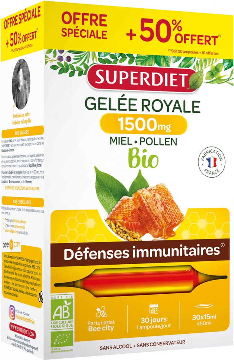Goedkoopste Superdiet Royal Jelly 1500 mg Honingstuifmeel Biologisch 20 Flesjes 10 Flesjes Gratis