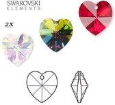 Swarovski Elements, 6 stuks hartjes in 3 kleuren, siamAB, clearAB en vitrail medium, met zilverfolie rug (6202)