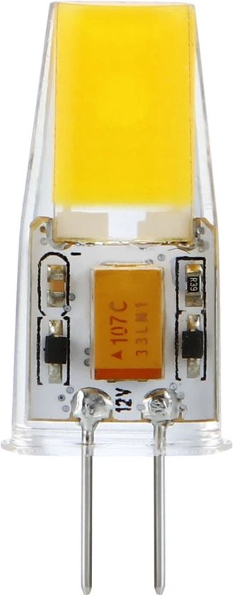 G4 LED lamp met 2 pinnen, geel licht, transparante behuizing en zichtbare componenten.