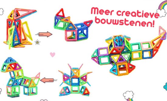Meer creatieve bouwstenen! Een reeks magnetische bouwstenen wordt omgezet in een hond, een vliegtuig en andere vormen.