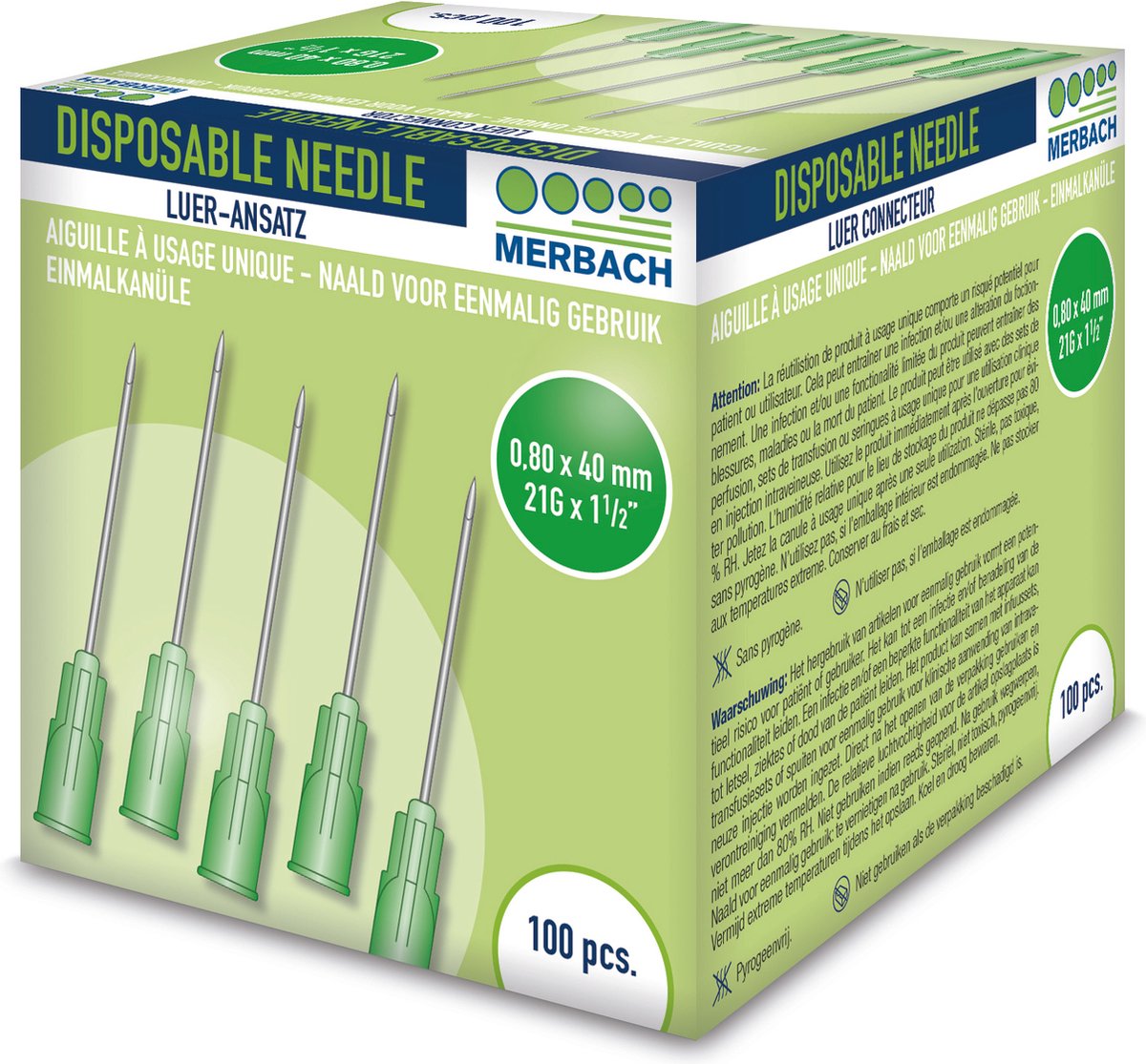 Goedkoopste Voordeelverpakking 2 X Merbach Injectienaalden 21 G x 1 1/2 - 38mm groen 100 stuks