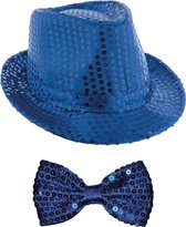 Toppers in concert - Carnaval verkleed setje - glitter hoedje en vlinderstrikje - blauw - volwassenen - met pailletten