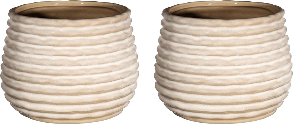 Ideas4seasons Bloempot/plantenpot Rise - 2x - ribbel - creme wit - voor kamerplant - D14 x H10 cm
