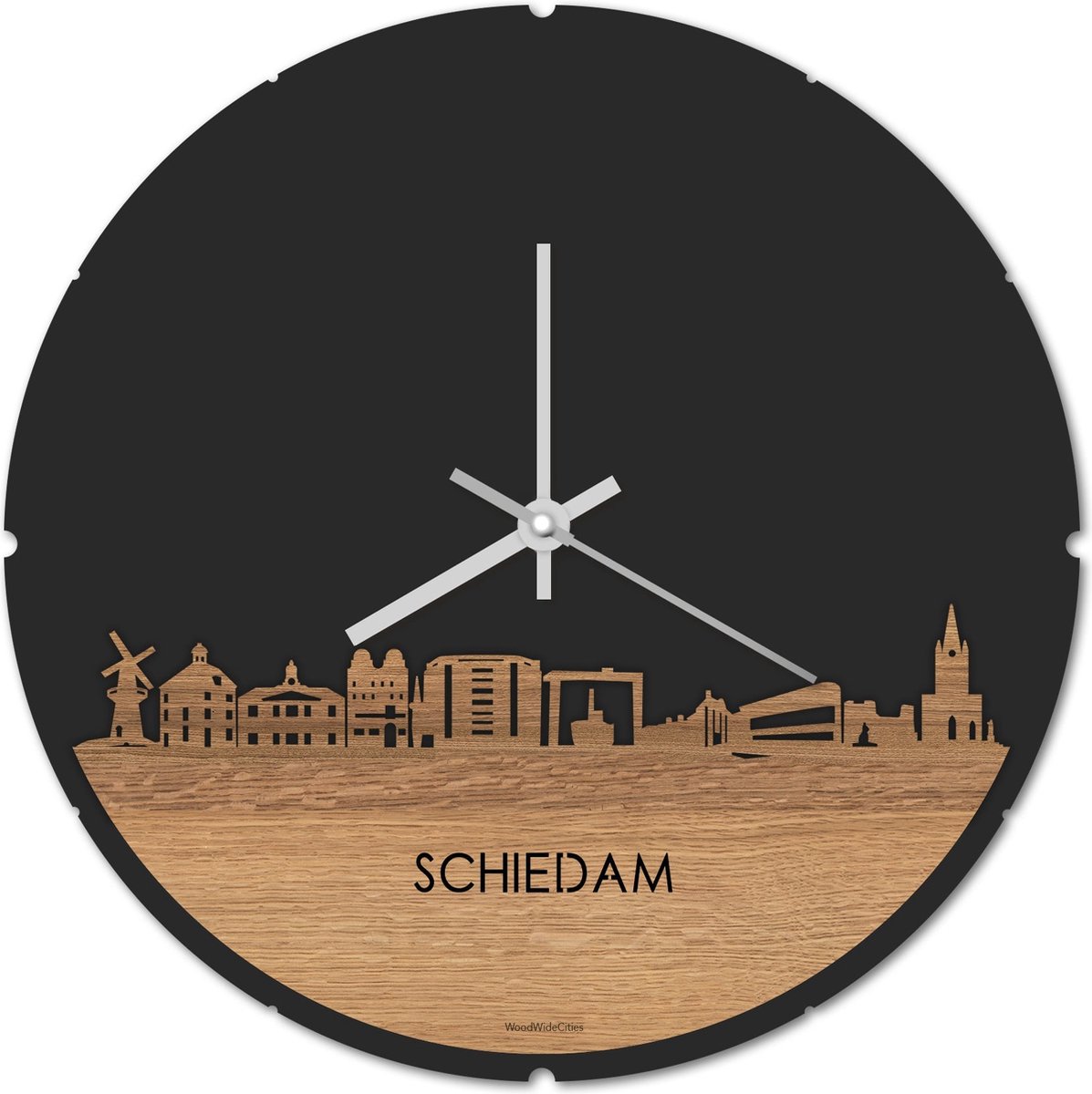 Skyline Klok Rond Schiedam Eikenhout - Ø 44 cm - Stil uurwerk - Wanddecoratie - Meer steden beschikbaar - Woonkamer idee - Woondecoratie - City Art - Steden kunst - Cadeau voor hem - Cadeau voor haar - Jubileum - Trouwerij - Housewarming -