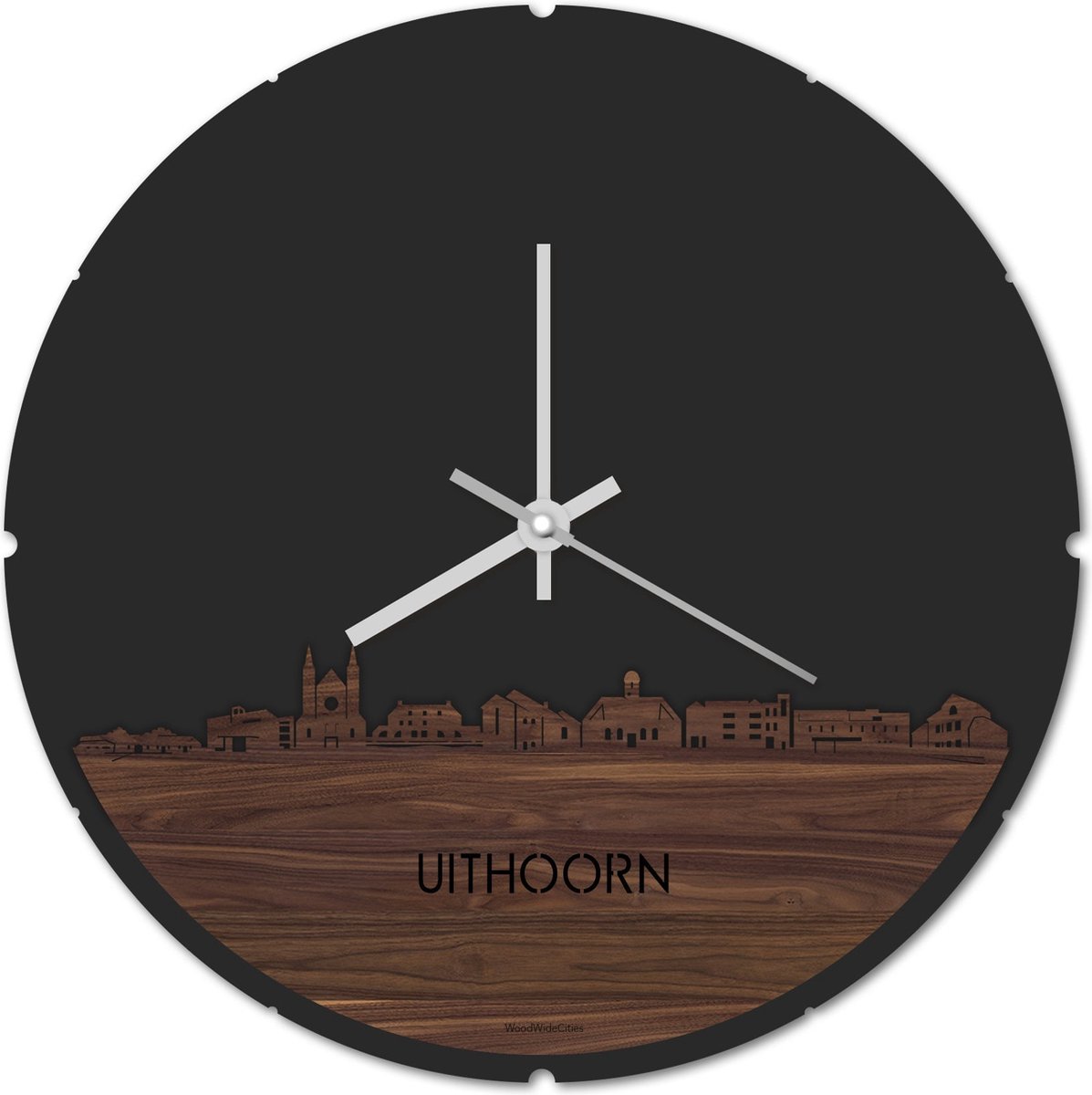 Skyline Klok Rond Uithoorn Notenhout - Ø 44 cm - Stil uurwerk - Wanddecoratie - Meer steden beschikbaar - Woonkamer idee - Woondecoratie - City Art - Steden kunst - Cadeau voor hem - Cadeau voor haar - Jubileum - Trouwerij - Housewarming -